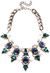 Luxe Chunky Pearl & Deco Jeweled Statement Necklace- Emerald & Sapphire