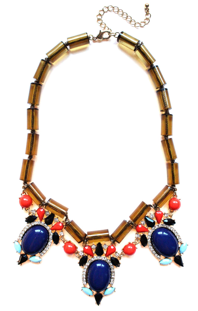 Colorful Beaded & Jeweled Statement Necklace- Brown & Navy