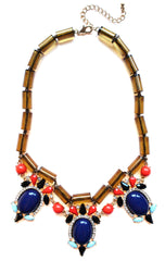 Colorful Beaded & Jeweled Statement Necklace- Brown & Navy