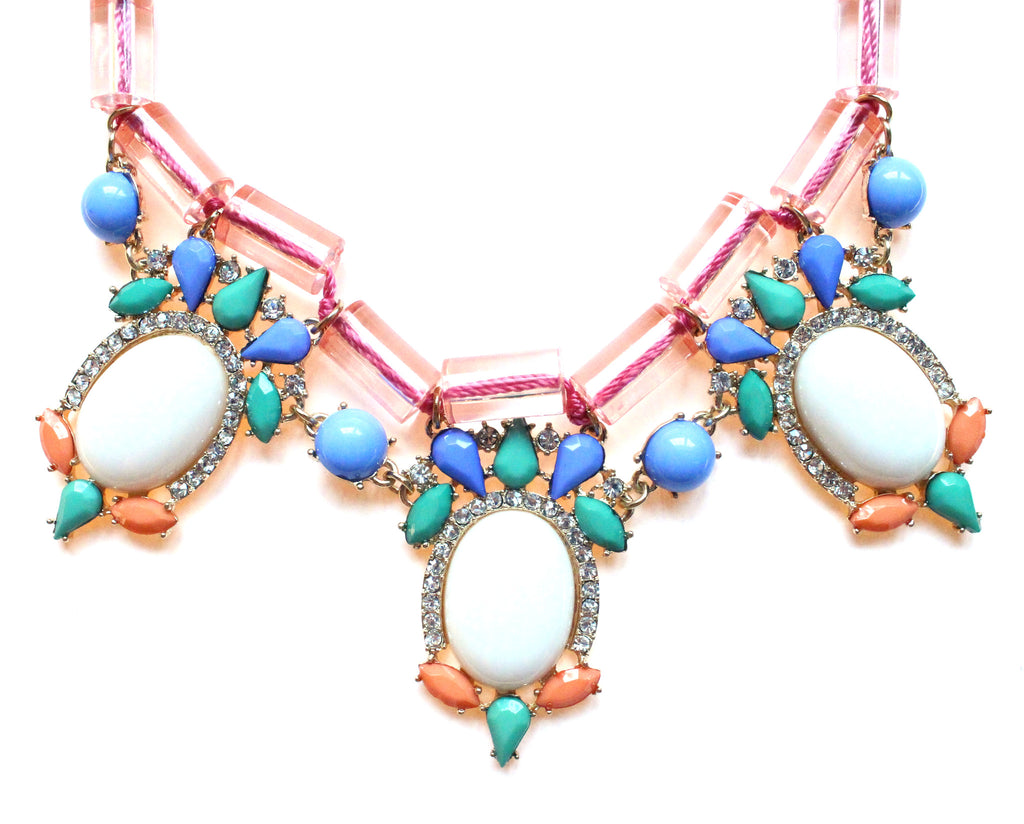 Colorful Beaded & Jeweled Statement Necklace- Pink & White