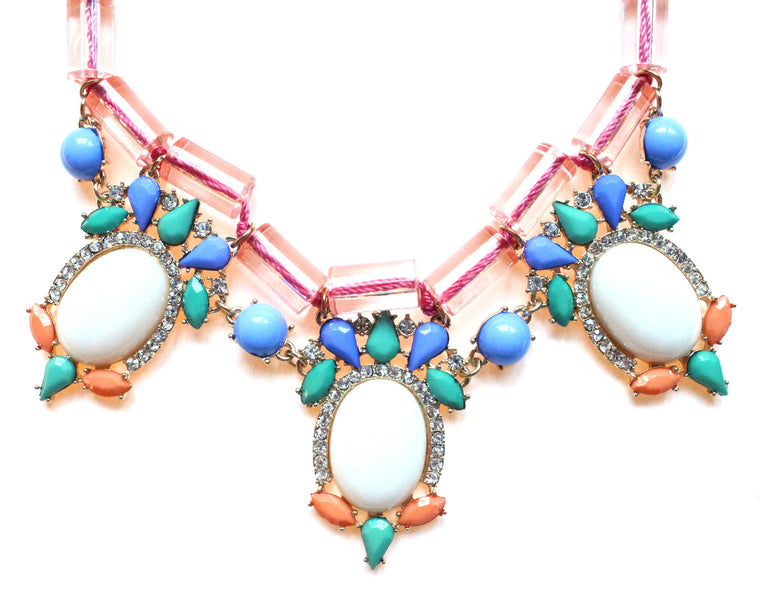 Colorful Beaded & Jeweled Statement Necklace- Pink & White