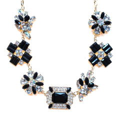 Crystal Cluster Jewels Statement Necklace- Black