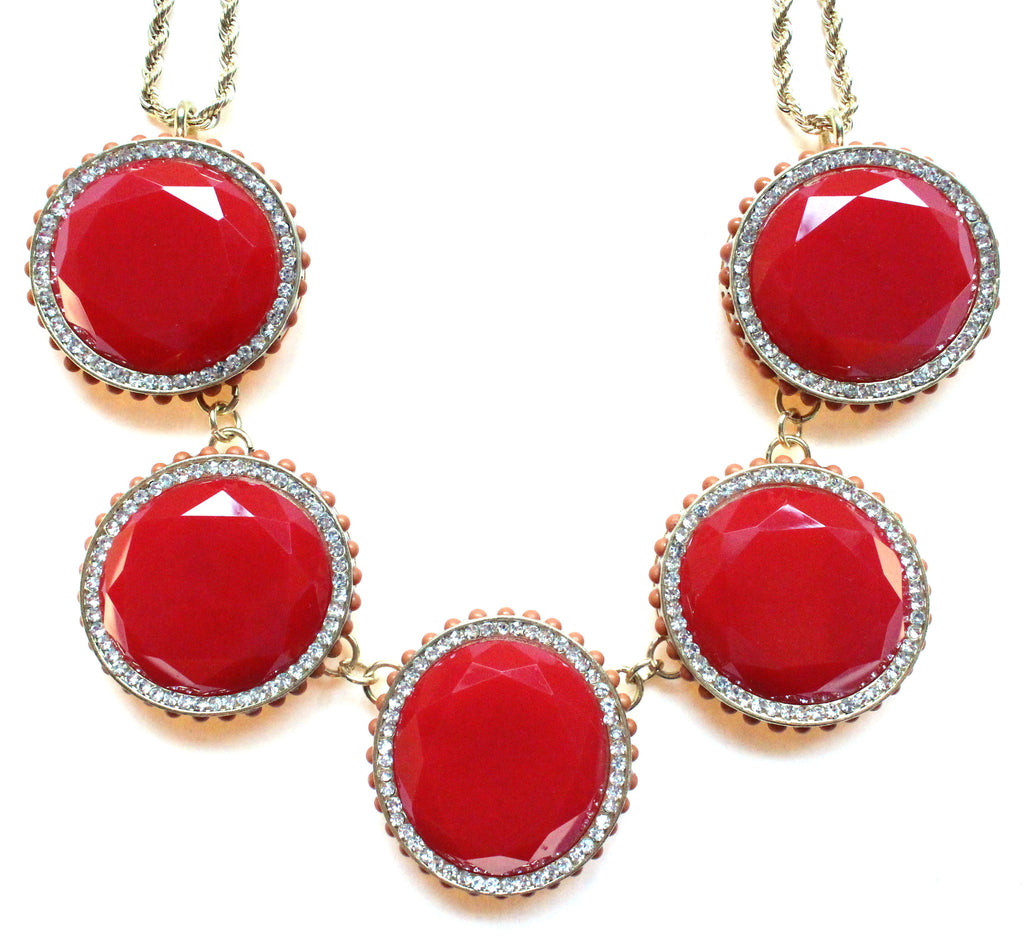 Bold Oval Gem Statement Necklace- Red