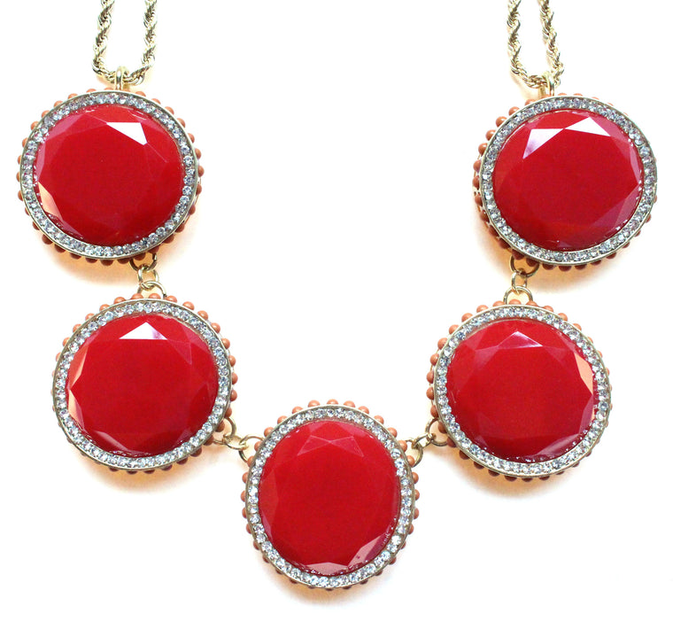 Bold Oval Gem Statement Necklace- Red