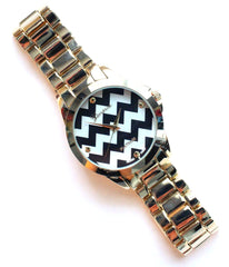 Metal Chevron Geneva Platinum Watch- 2 Color Options