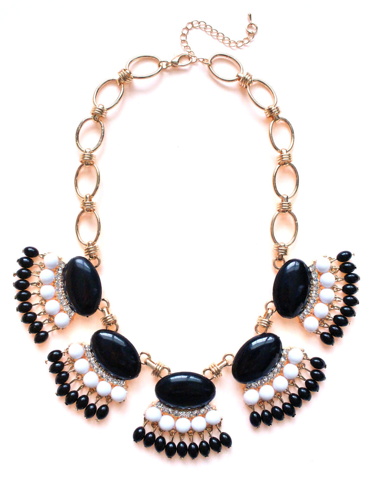 Fan Fringe Statement Necklace- Black & White