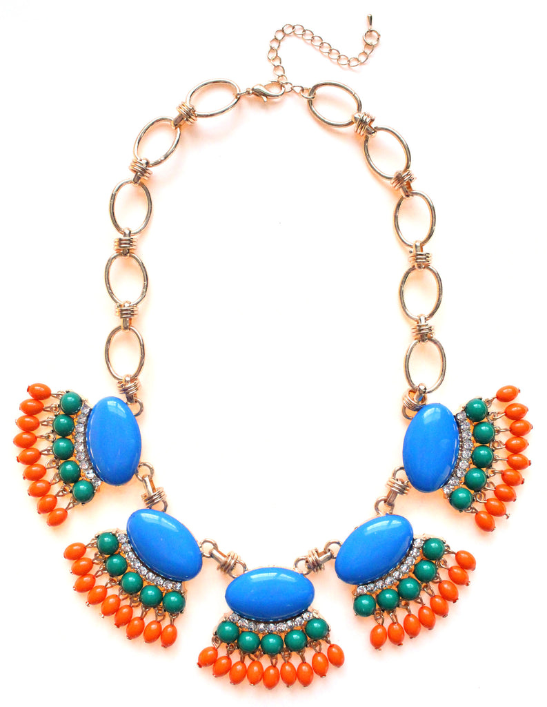 Fan Fringe Statement Necklace- Blue