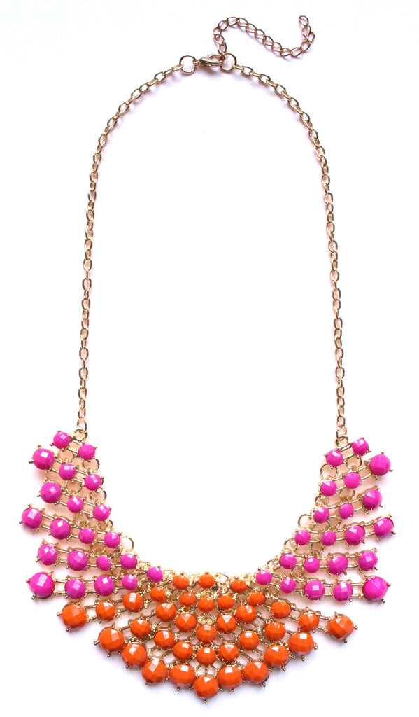 Colored Rhinestone Fan Statement Necklace- Pink & Orange