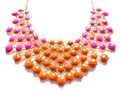 Colored Rhinestone Fan Statement Necklace- Pink & Orange