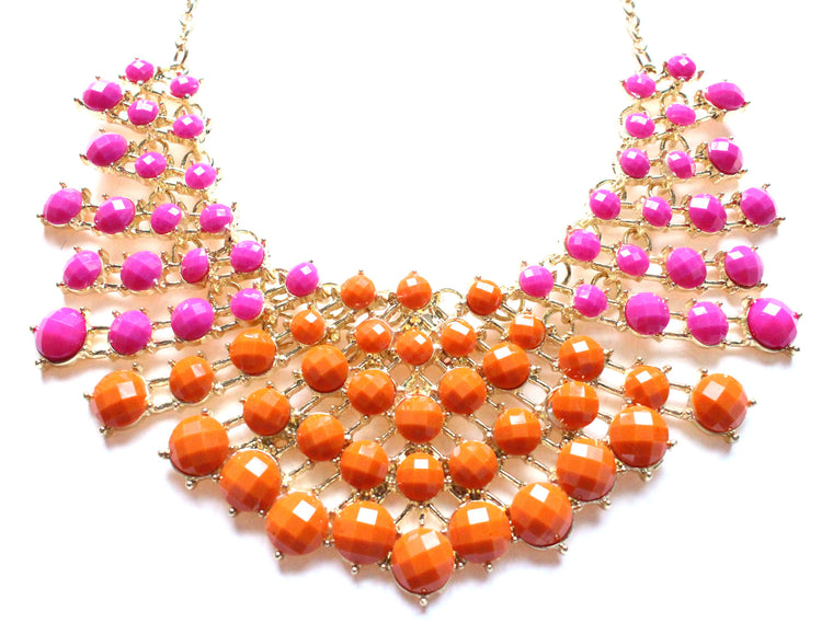 Colored Rhinestone Fan Statement Necklace- Pink & Orange