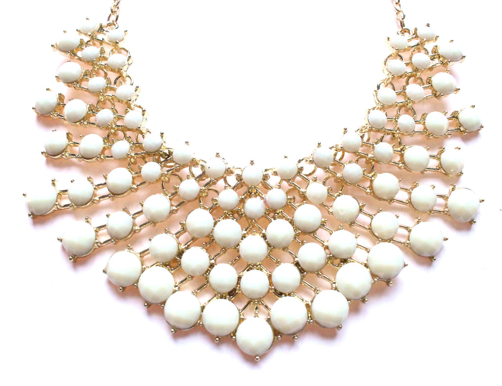 Colored Rhinestone Fan Statement Necklace- Ivory