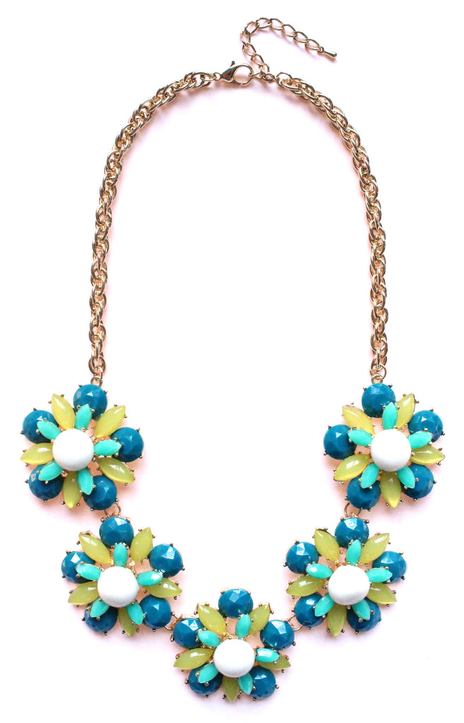 Floral Jeweled Gemstone Necklace- Teal