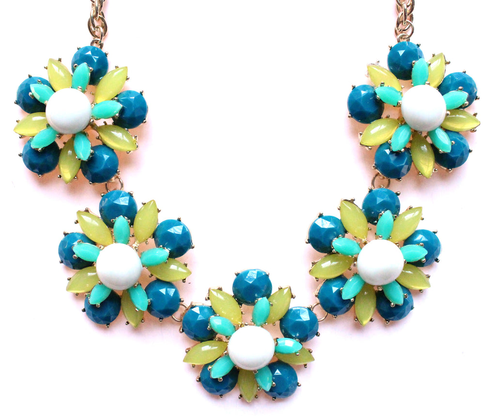 Floral Jeweled Gemstone Necklace- Teal