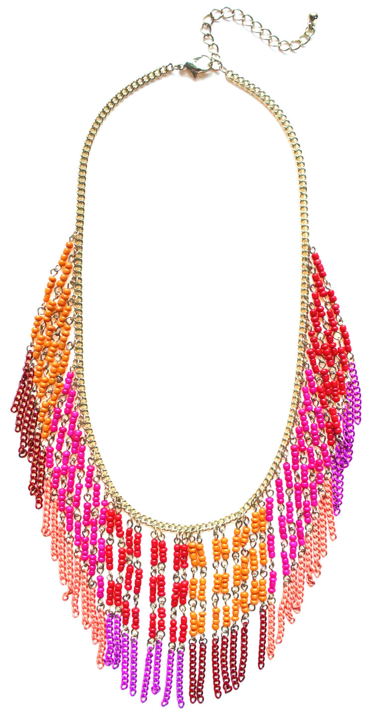 Boho Beaded Fringe Statement Necklace- Pink
