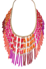Boho Beaded Fringe Statement Necklace- Pink