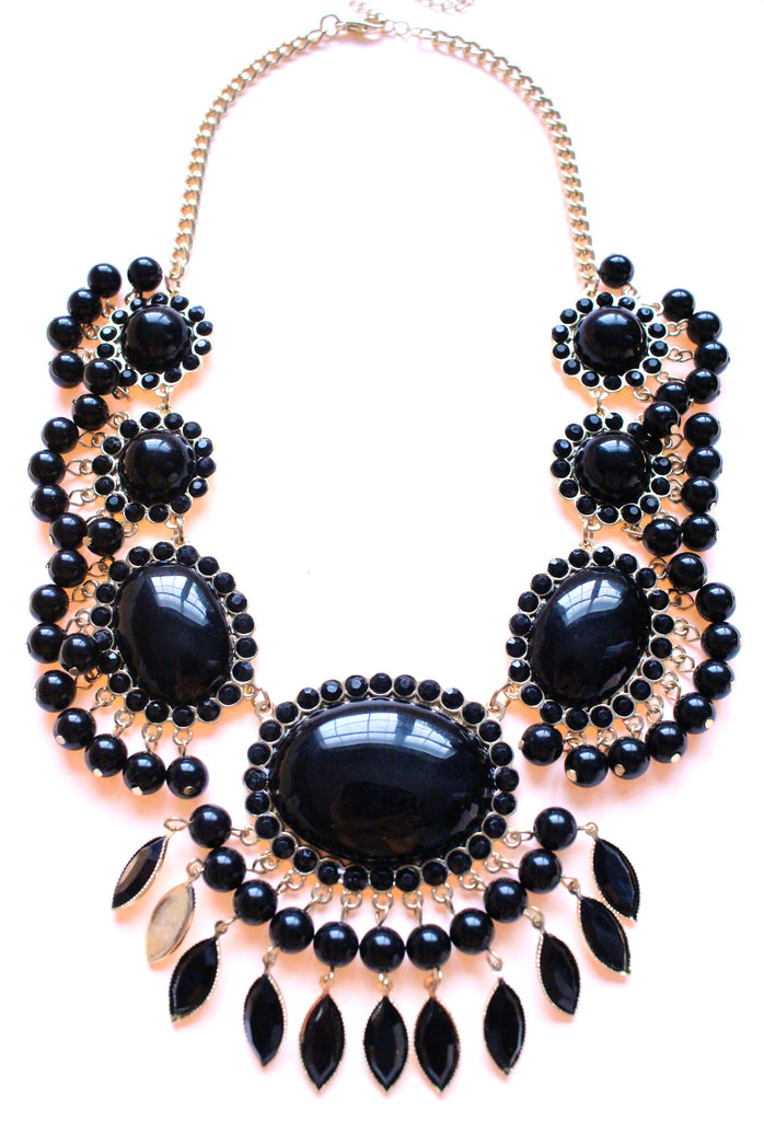 Bauble Fan Fringe Statement Necklace- Black