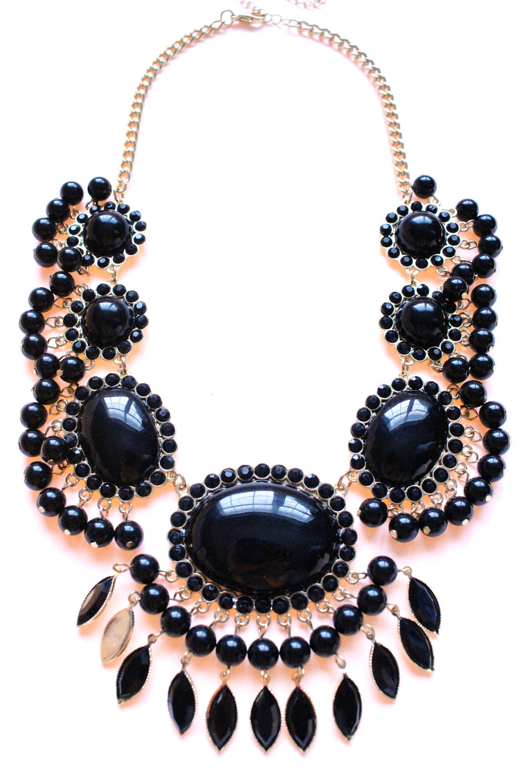 Bauble Fan Fringe Statement Necklace- Black