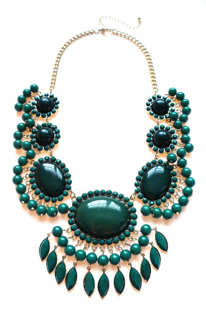 Bauble Fan Fringe Statement Necklace- Green