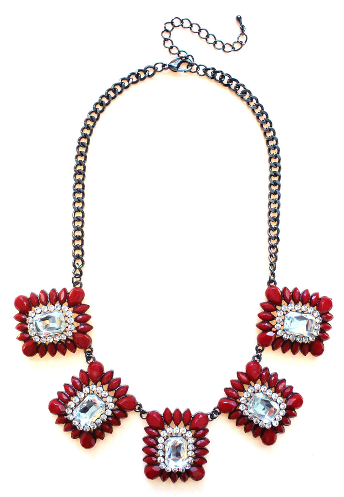 Crystal Square Jeweled Statement Necklace- Red