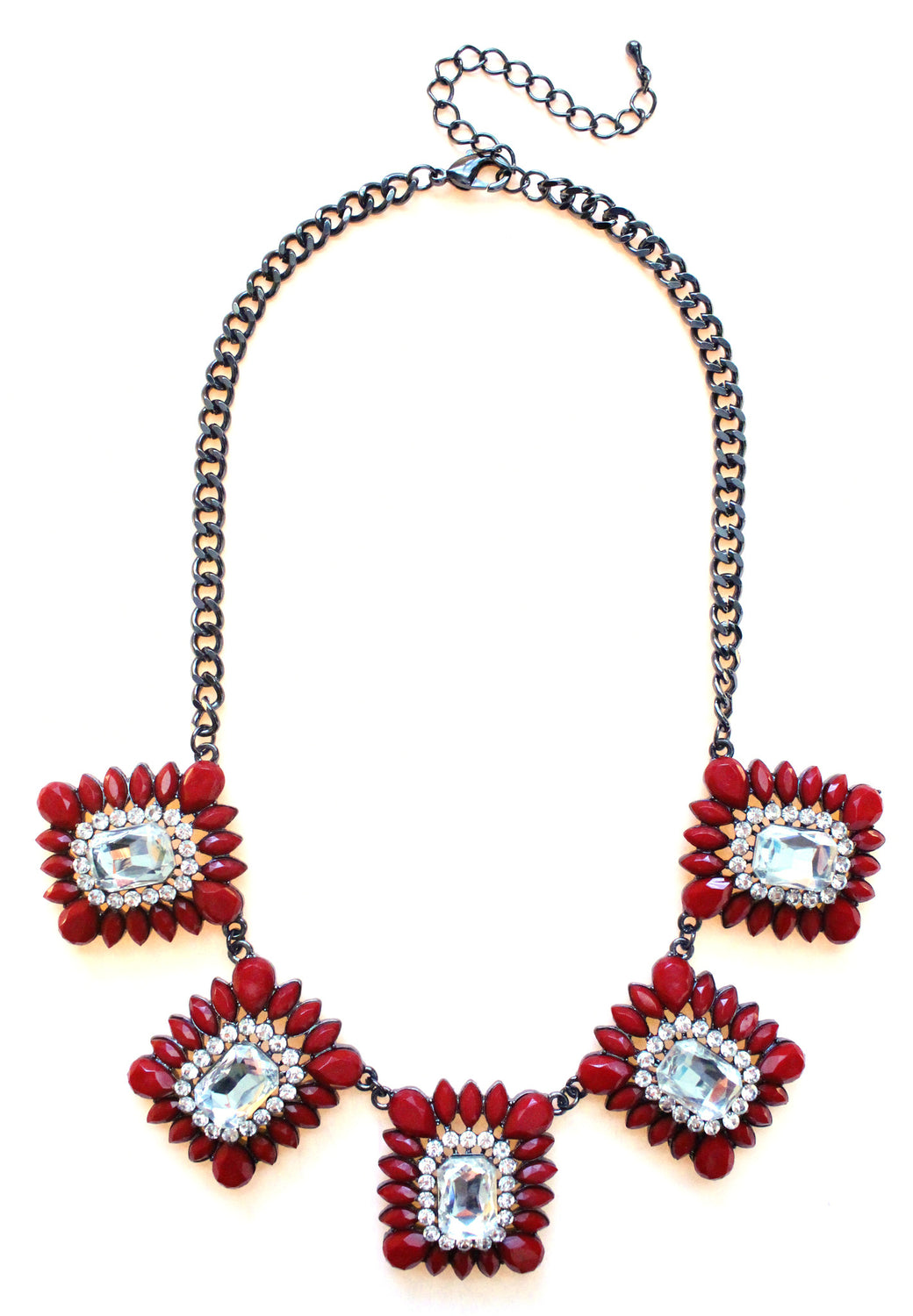 Crystal Square Jeweled Statement Necklace- Red