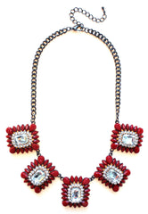 Crystal Square Jeweled Statement Necklace- Red