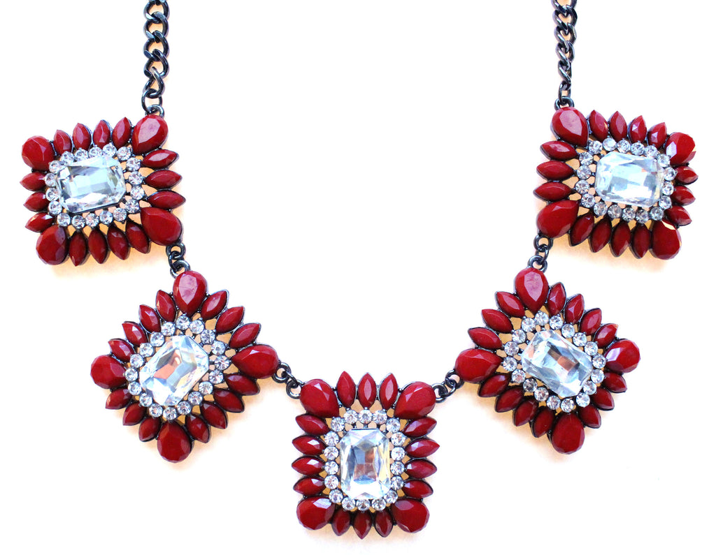 Crystal Square Jeweled Statement Necklace- Red