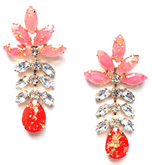 Gold Leaf Crystal Dangle Earrings- Pink