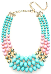 Beaded Layered Statement Necklace- Mint & Light Pink