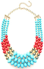 Beaded Layered Statement Necklace- Turquoise  & Coral