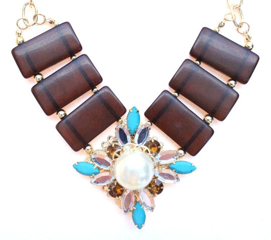 V-Shaped Pearl & Crystal Pendant Necklace