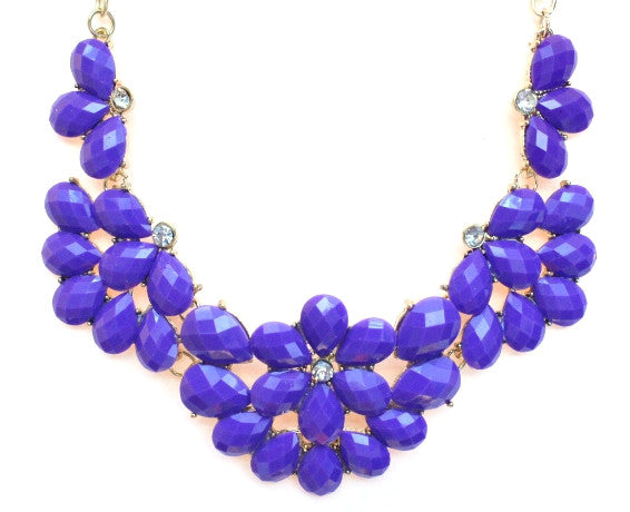Half Blossom Jeweled Statement Necklace- Purple