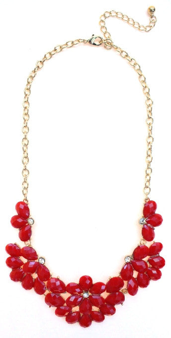 Half Blossom Jeweled Statement Necklace- Red