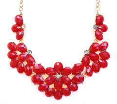 Half Blossom Jeweled Statement Necklace- Red