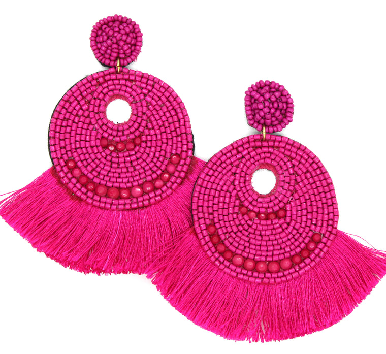 Josie Beaded Tassel Earrings- Pink
