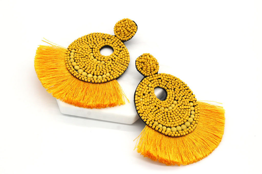 Josie Beaded Tassel Earrings- Yellow