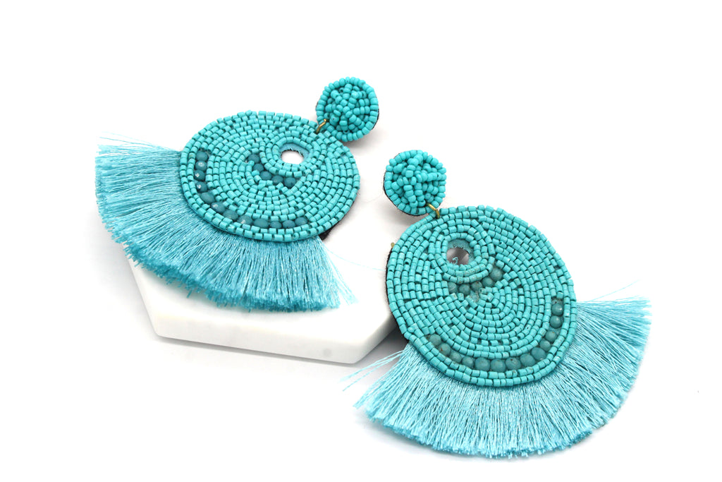 Josie Beaded Tassel Earrings- Turquoise