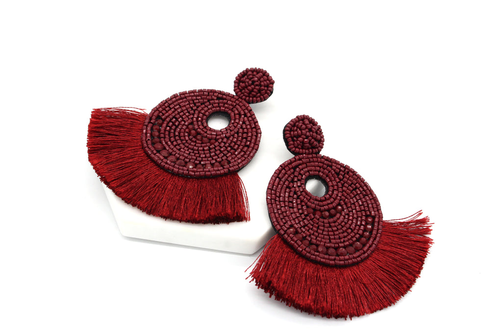 Josie Beaded Tassel Earrings- Burgundy