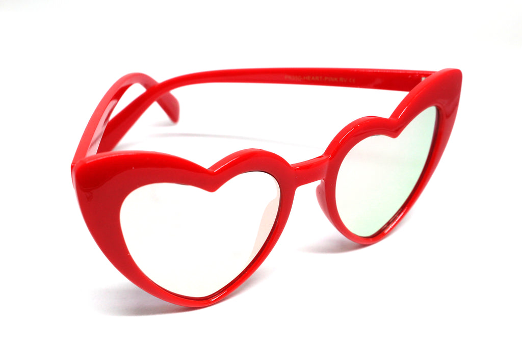 Heart Eye Sunglasses- Red Frame/ Rose Mirrored Lens
