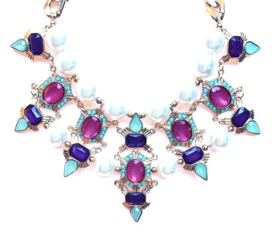 Luxe Chunky Pearl & Deco Jeweled Statement Necklace- Pink/Purple/Mint