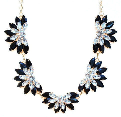 Designer Inspired Fan Crystal Statement Necklace- Black