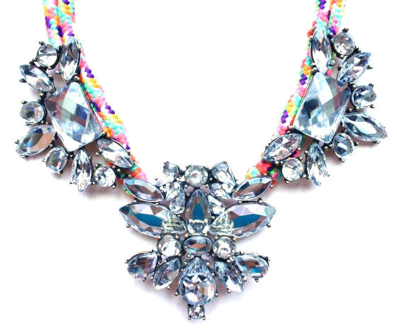 Crystal Jewel & Rope Necklace- Rainbow
