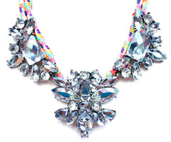 Crystal Jewel & Rope Necklace- Rainbow