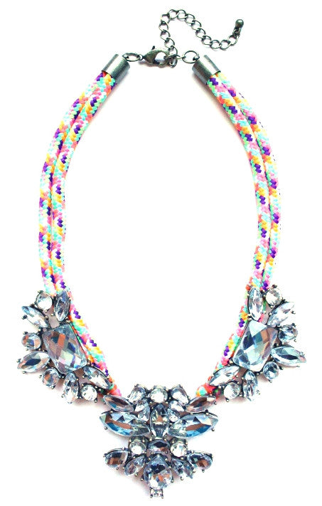 Crystal Jewel & Rope Necklace- Rainbow
