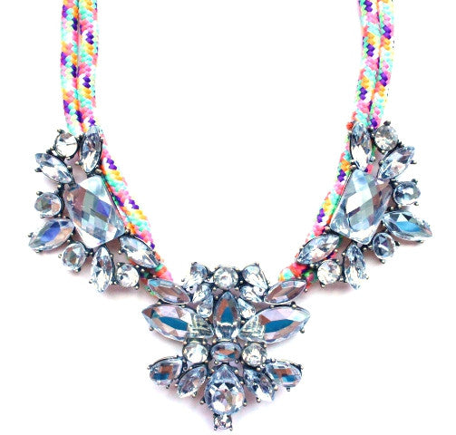 Crystal Jewel & Rope Necklace- Rainbow