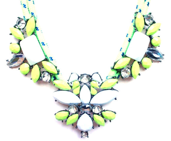 Crystal Jewel & Rope Necklace- Neon