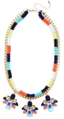 Beaded & Jeweled Triple Pendant Statement Necklace- Multi