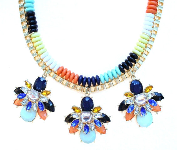 Beaded & Jeweled Triple Pendant Statement Necklace- Multi