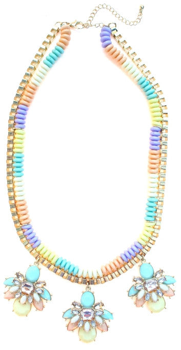 Beaded & Jeweled Triple Pendant Statement Necklace- Pastel
