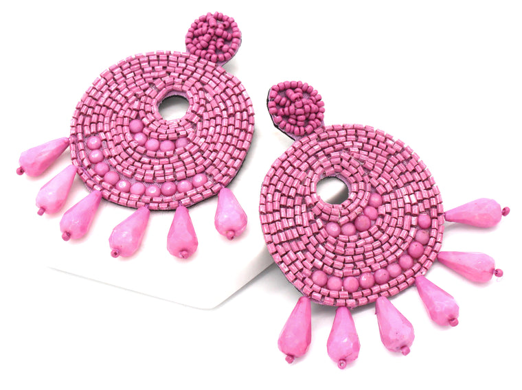 Ingrid Beaded Statement Earrings- Pink
