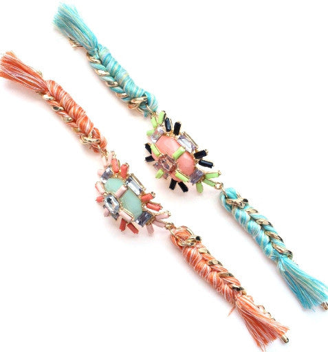 Jewel Threaded Chain Link Bracelet- Pink/Neon